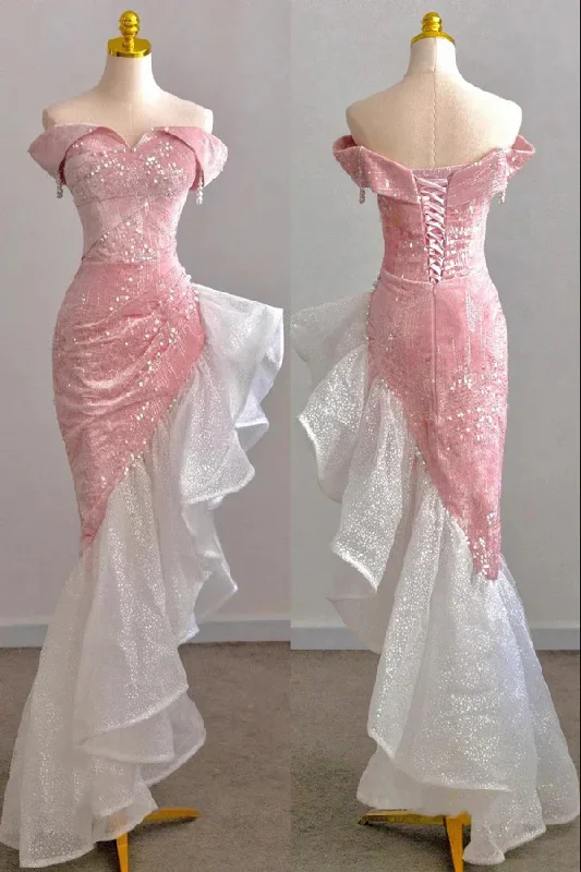 Versatile Style Wardrobe Pink Off the Shoulder Mermaid Prom Gown with Sequins, Sparkly Formal Dresses MD7290