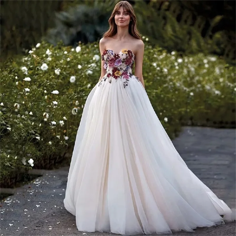 Summer Deals Colorful Embroidered Wedding Dress for Women Bride Sweetheart Backless Pastoral Marriage Bridal Flower Dresses