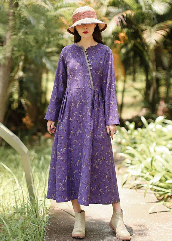 The Latest Fashion Trends Italian Purple V Neck Print Maxi Dresses Long Sleeve