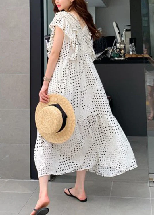 Limited Time Deal Loose White V Neck Asymmetrical Patchwork Wrinkled Dot Maxi Dress Short Sleeve