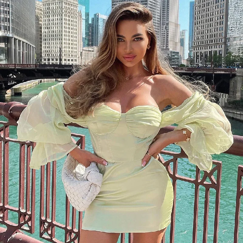 Urban Femme Streetwear Silky Satin Off Shoulder Mesh Sleeve Bustier Corset Mini Dress - Sage Green