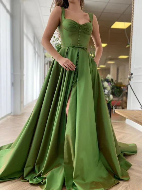 Limited Time Deal A-Line/Princess Sweep/Brush Train Straps Sleeveless Satin Ruffles Dresses  gh1838