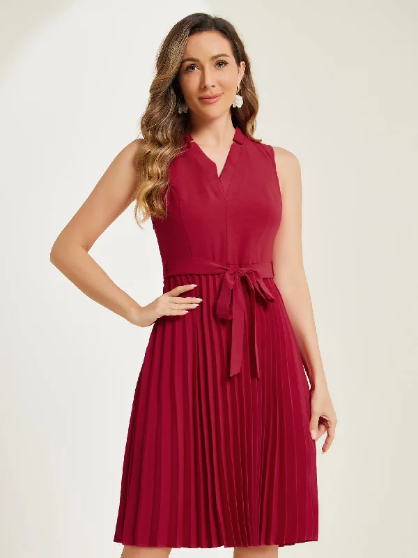 Effortless Comfort Sleeveless V Neck Belted A-line Midi Elegant Pleated Dress