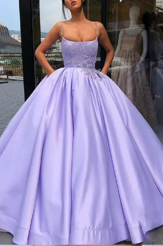 Fashion Forward Femme Purple Ball Gown Spaghetti Straps Satin Sweet 16 Dress With Pocket Quinceanera Dress gh2217