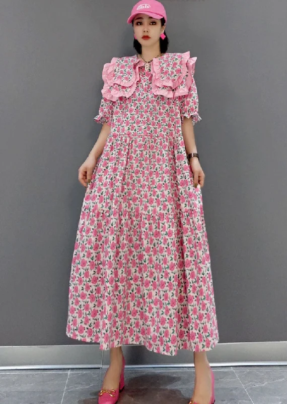 Trendy Women's Collection Pink Print Patchwork Cotton Maxi Dresses Half Sleeve