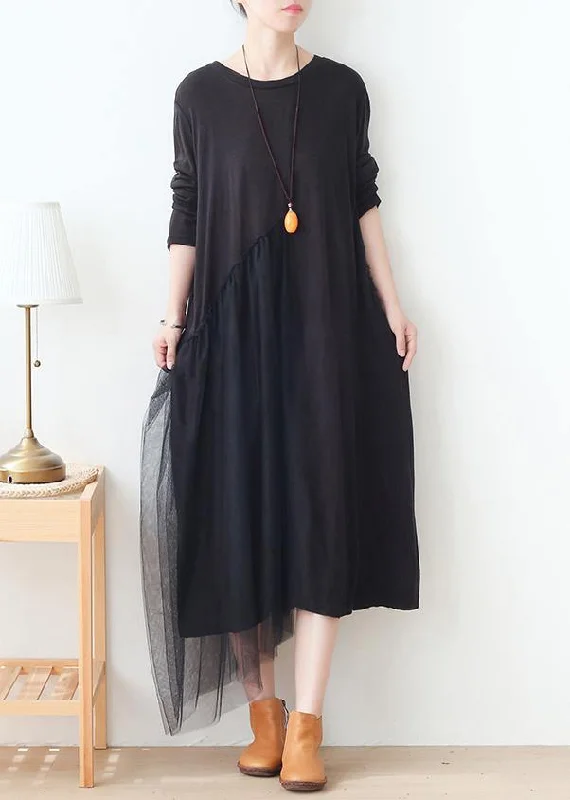 Trendy Fashion For Women DIY black patchwork tulle dresses o neck Maxi Dress