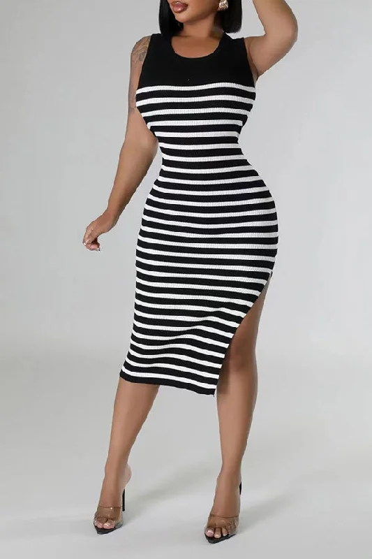 Comfort Centric Apparel Striped Ribbed Unusual High Split Midi Dress