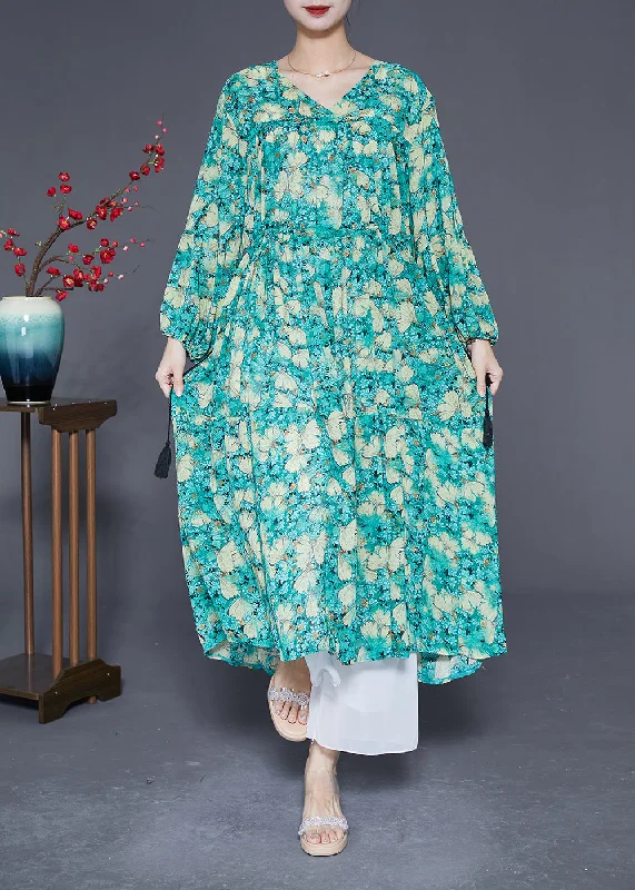 Unleash Your Style Plus Size Green Cinched Print Chiffon Maxi Dresses Lantern Sleeve