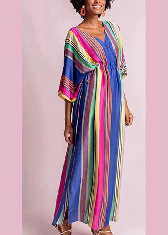 Trendy Urban Attire Italian Rainbow Striped Drawstring Elastic Waist Maxi Dress Half Sleeve