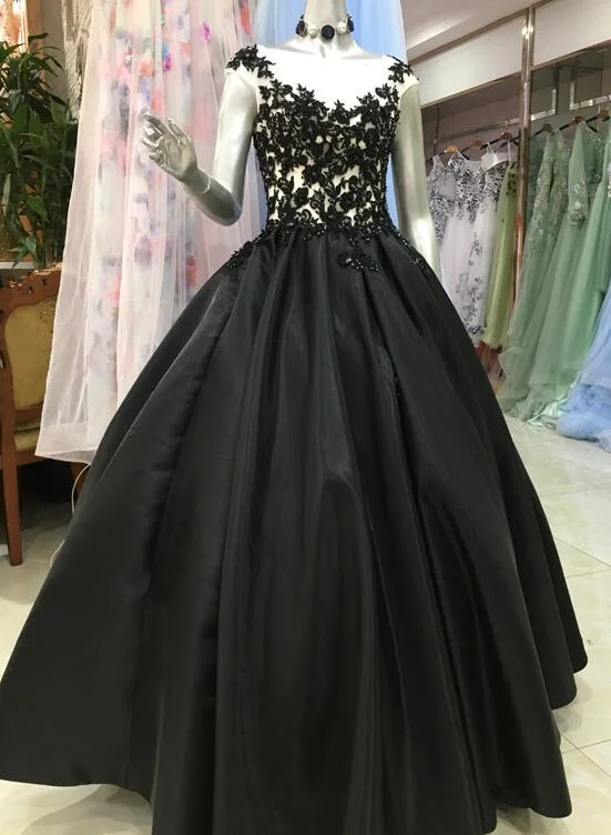 Refined Look High Quality Satin With Lace Applique Round Neckline Formal Gown, Black Party Dresses Prom Dress  gh107