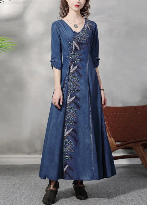 Huge Discounts This Week Stylish Blue V Neck Leaf Embroideried Cotton Denim Maxi Dress Half Sleeve