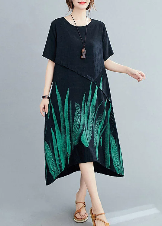 Special Offers, Don't Miss Loose Black O-Neck Print Linen Maxi Dress Short Sleeve