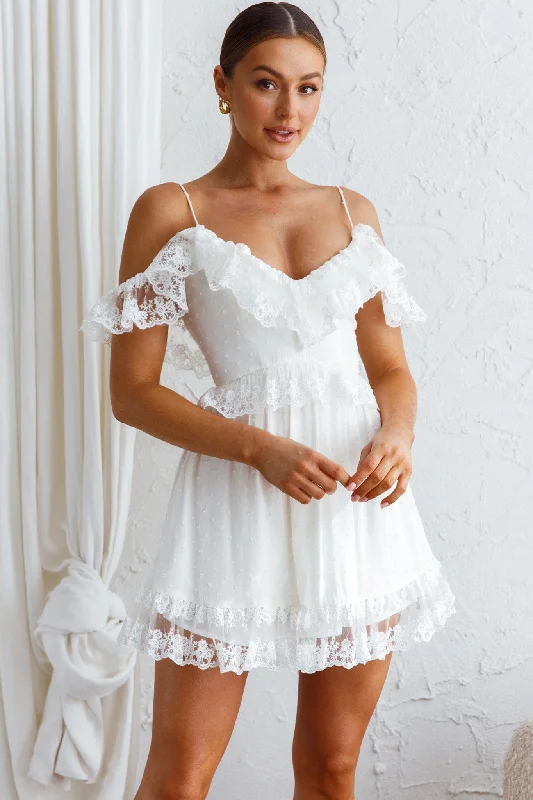 Elegant Details Good Morning Sunshine Off Shoulder Lace Frill Trim Mini Dress White