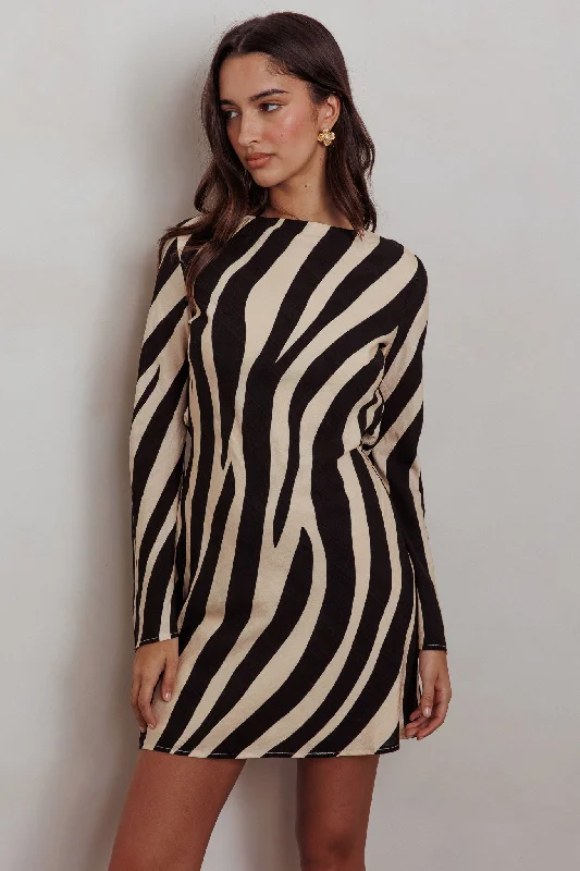 Fashion Forward Thriller Long Sleeve Backless Mini Dress Zebra