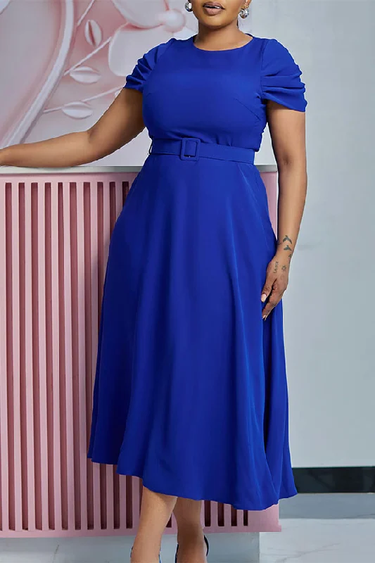 Unbeatable Prices Solid Color Ruched Sleeve Classic Belted Midi Dress