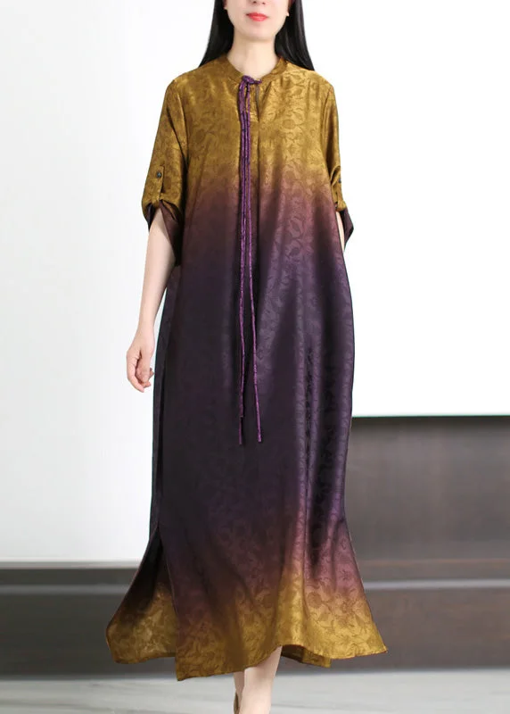 All Season Basics Discount Gradient Color Purple Print Side Open Silk Maxi Dresses Summer