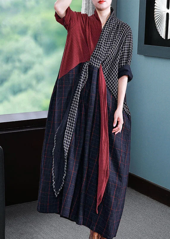 Hot Brand Discounts Women Long Sleeve V-neck Loose Plaid Patchwork Maxi Dress