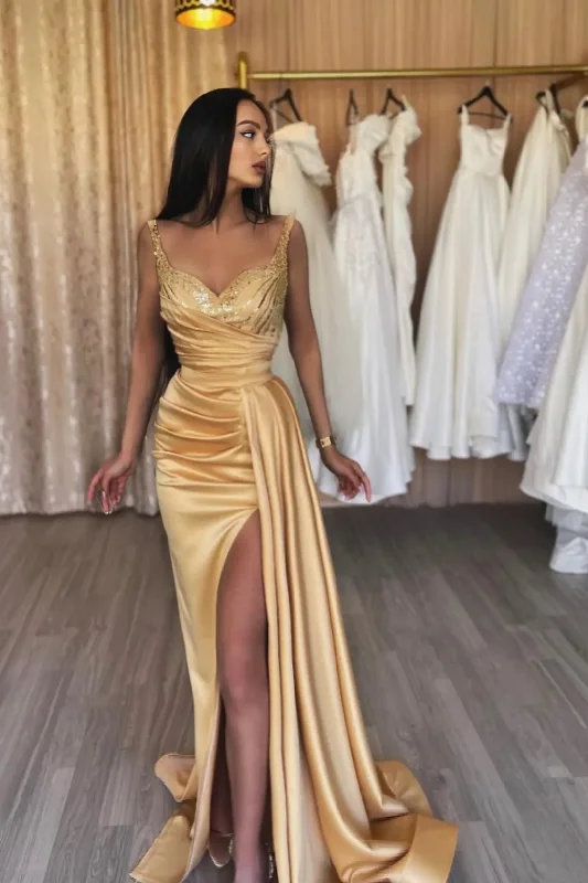 Trendy Women's Collection Champagne V-Neck Sleeveless Prom Dress Mermaid Sequins Slit gh2534