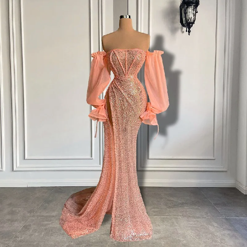 Unleash Your Trendy Side Elegant Long Sleeve Evening Dress Off The Shoulder Sexy High Slit Pink Sequin Dubai Women Evening Party Gowns,MD6965