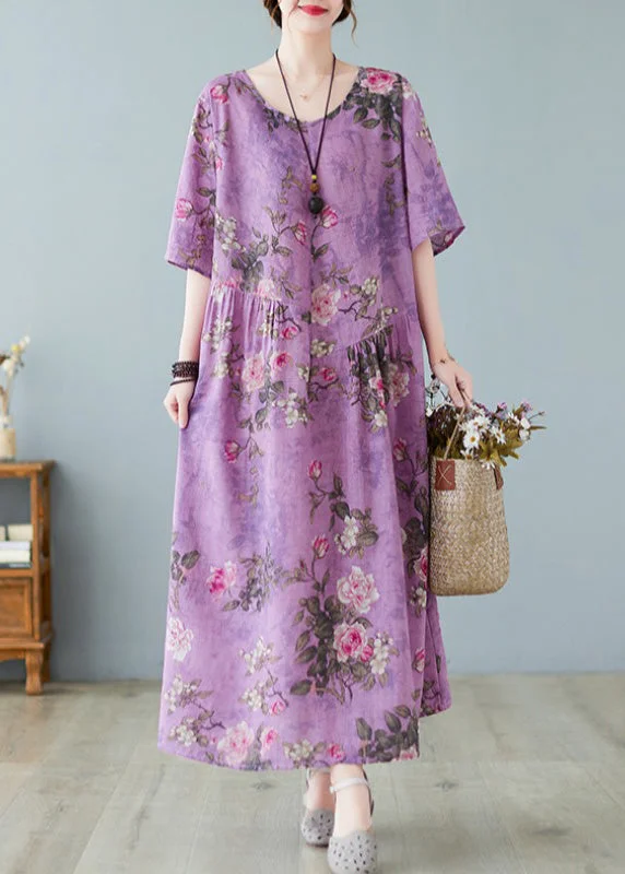 Best Deals Of The Season Vintage Purple O-Neck Print Maxi Dress Summer