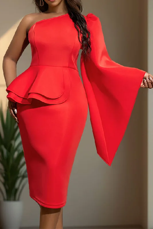 Season Offer Solid Color Striking Peplum Asymmetric Midi Dress