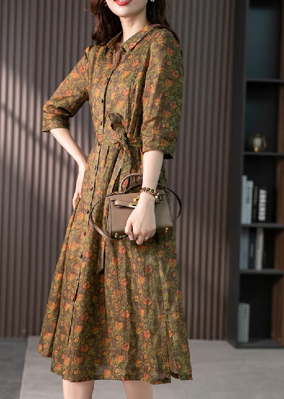 Elegant Ensemble Retro Peter Pan Collar Print Button Slim Linen Maxi Dress Half Sleeve