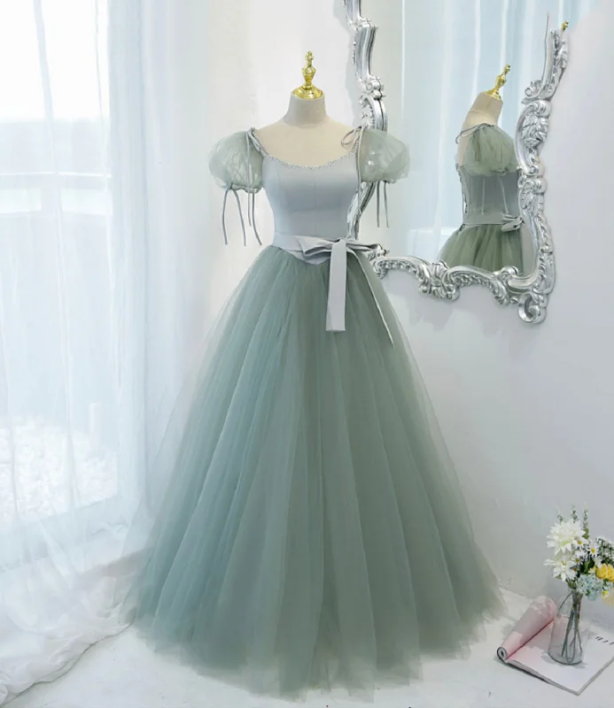 Romantic Date - Night Ensemble Green satin tulle long prom dress A line evening dress  10445