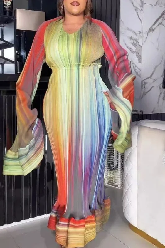 Modern Romance Rainbow Gradient Pleated Striking Fishtail Midi Dress