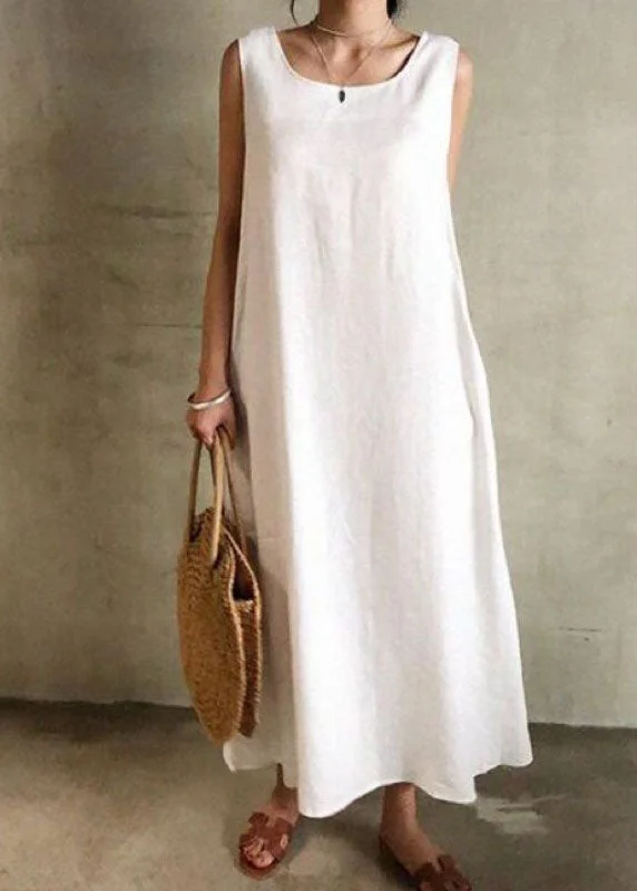 Women's Urban Fashion Women White O Neck Patchwork Cotton Maxi Dress Sleeveless