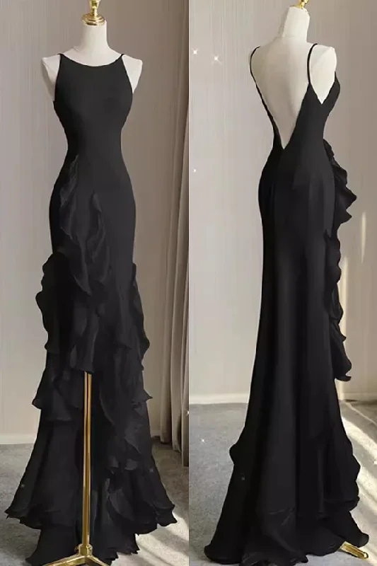 Effortless Everyday Wear Black Mermaid Prom Gown with Ruffles, Spaghetti Straps Backless Dress MD7293