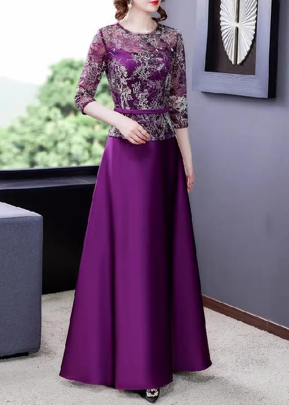 End Of Month Blowout New Purple Embroidered Tulle Patchwork Maxi Dresses Half Sleeve