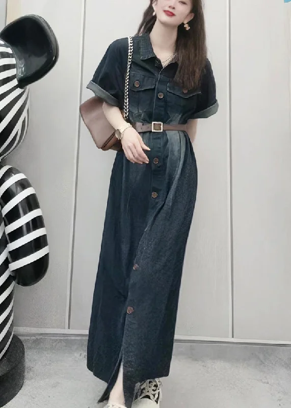 Limited Time Offers French Navy Peter Pan Collar Patchwork Button Denim Maxi Dress Summer