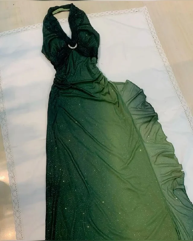 The Latest Fashion Trends Green Halter Chiffon Shiny Vintage Long Party Dress Prom Gown MD7408