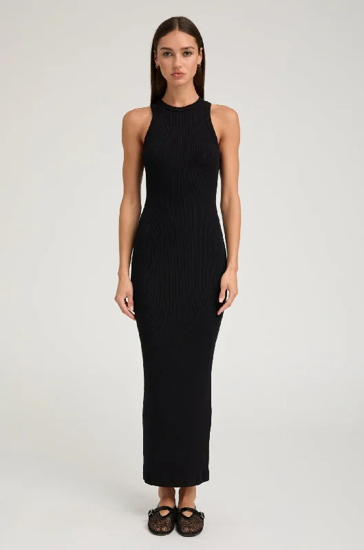 Effortless Sophistication Black Rib Racer Maxi Dress