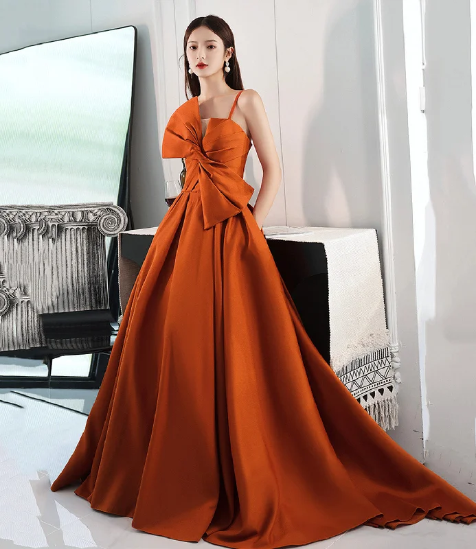 Vintage Elegance Orange satin long prom dress with bow A line formal dress  10568