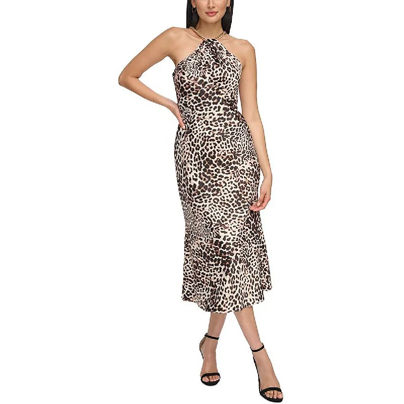 Chic Wardrobe Vince Camuto Womens Satin Animal Print Midi Dress