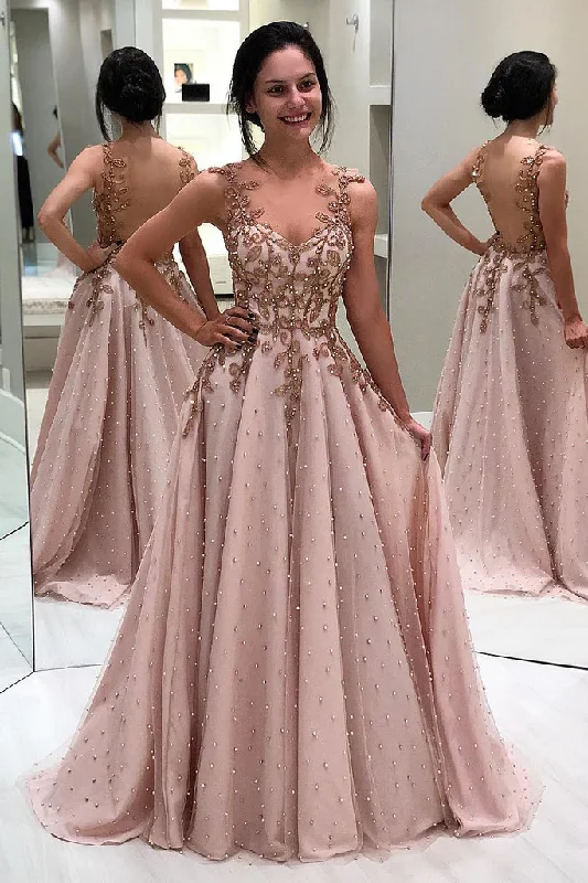 Versatile Wardrobe Essentials Gorgeous V Neck A Line Beaded Sleeveless Prom Dresses gh2274