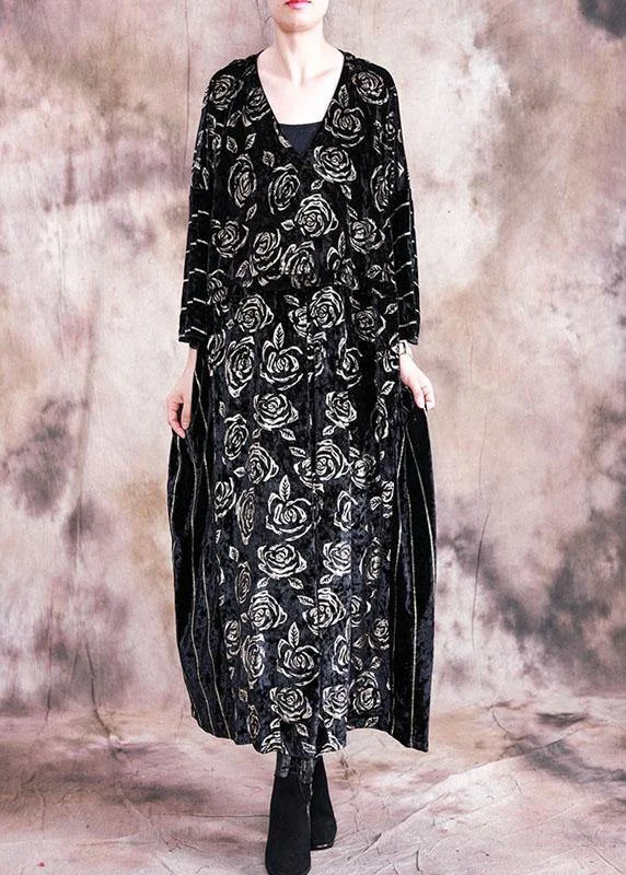 Modern Romance Simple o neck patchwork Tunics Inspiration black Large print Maxi Dresses fall