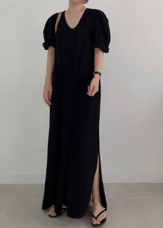 Urban Femme Streetwear Black Side Open Knit Maxi Dress Long Sleeve