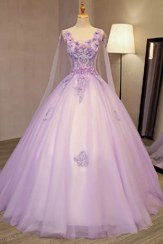 Limited Time Offer Unique Lilac Tulle Long Ball Gown Evening Dress with Flowers, Puffy Quinceanera Dresses M1619