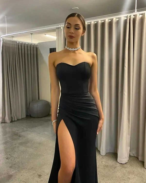 Elegant Simplicity Wardrobe Glamorous Mermaid Sweetheart Black Satin Long Prom Dresses Sexy Evening Party Dresses with Side Slit  gh2437