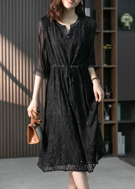 Graceful Fashion Handmade Black O-Neck Lace Patchwork Tie Waist Silk Maxi Dress Summer