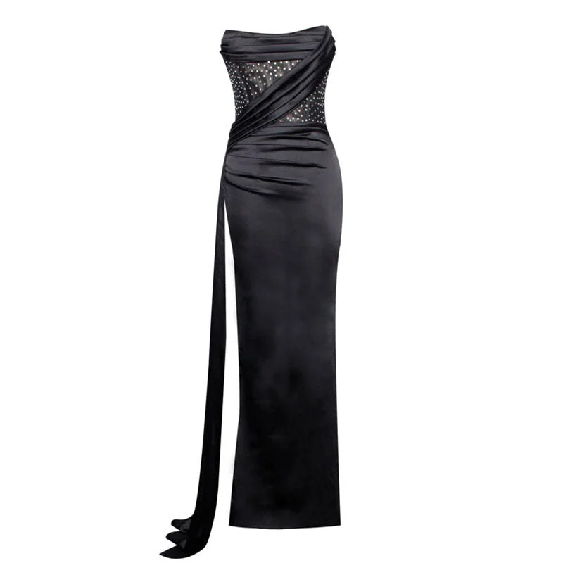 Classic Women's Fashion Opulent Crystal Corset Draped High Split Satin Strapless Maxi Evening Dress