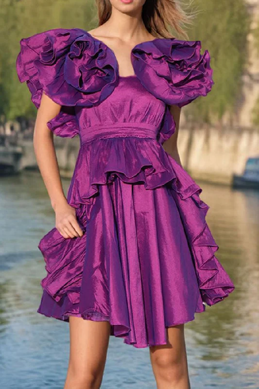 Latest Fashion Solid Color Romantic Peplum 3D Flower Decor Ruffle Midi Dress