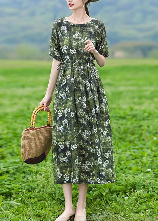 Laid-Back Elegance Organic Green O-Neck Print Slim Tie Waist Linen Maxi Dresses Short Sleeve