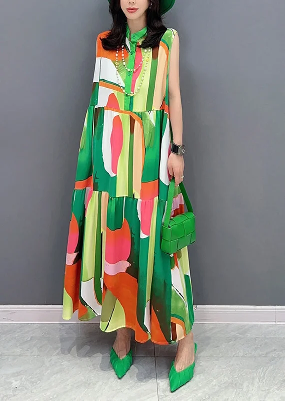 Trendy Aesthetics Fashion Green Print Button Vacation Maxi Dresses Sleeveless