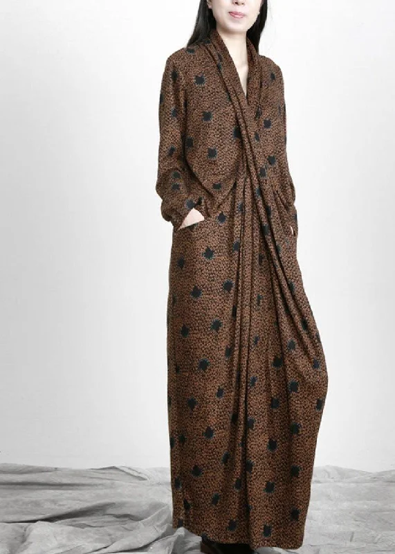 Eclectic Style Wardrobe Organic Chocolate Jacquard WrapLoose Maxi Dresses Fall