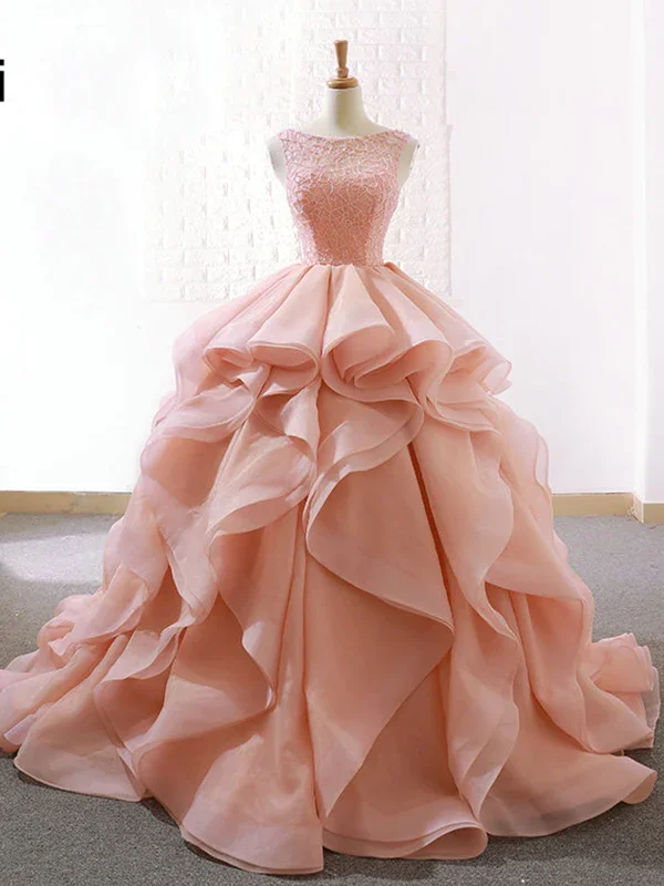 Fashion Forward Femme Ball Gown Ruffle Skirt Prom Dress Stunning Beaded Blush Open Back Prom Evening Dress M6013