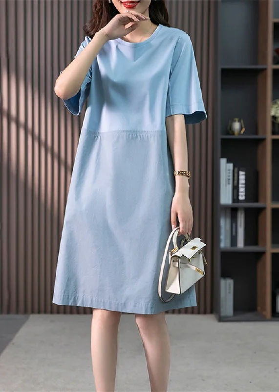 Elegant Details Modern Blue O-Neck Patchwork Cotton Maxi Dresses Short Sleeve