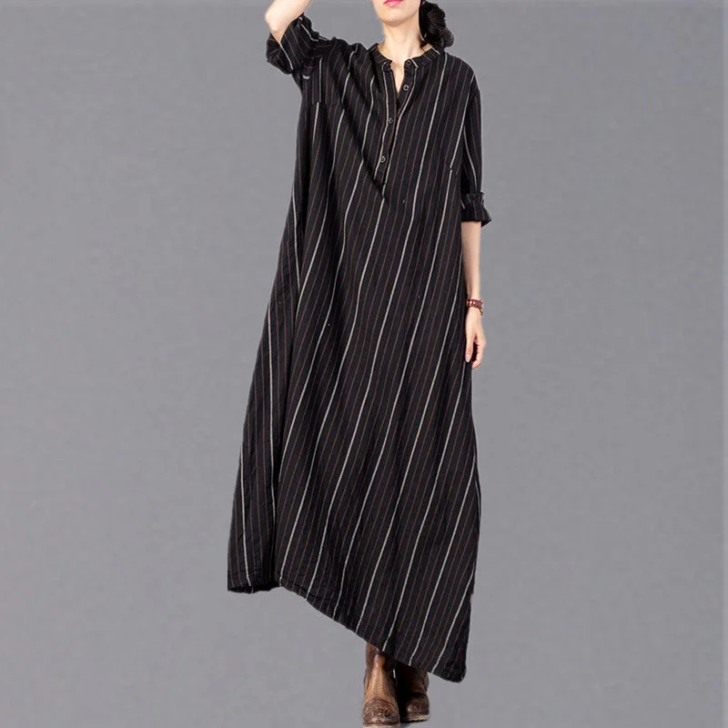 Parisian Effortless Chic Style boutique black striped 2018 Loose fitting stand collar clothing dresses fine baggy pockets maxi dresses